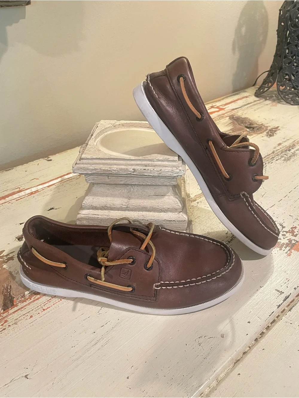 Sperry Dark Brown Leather Boat Shoes with Tan Laces